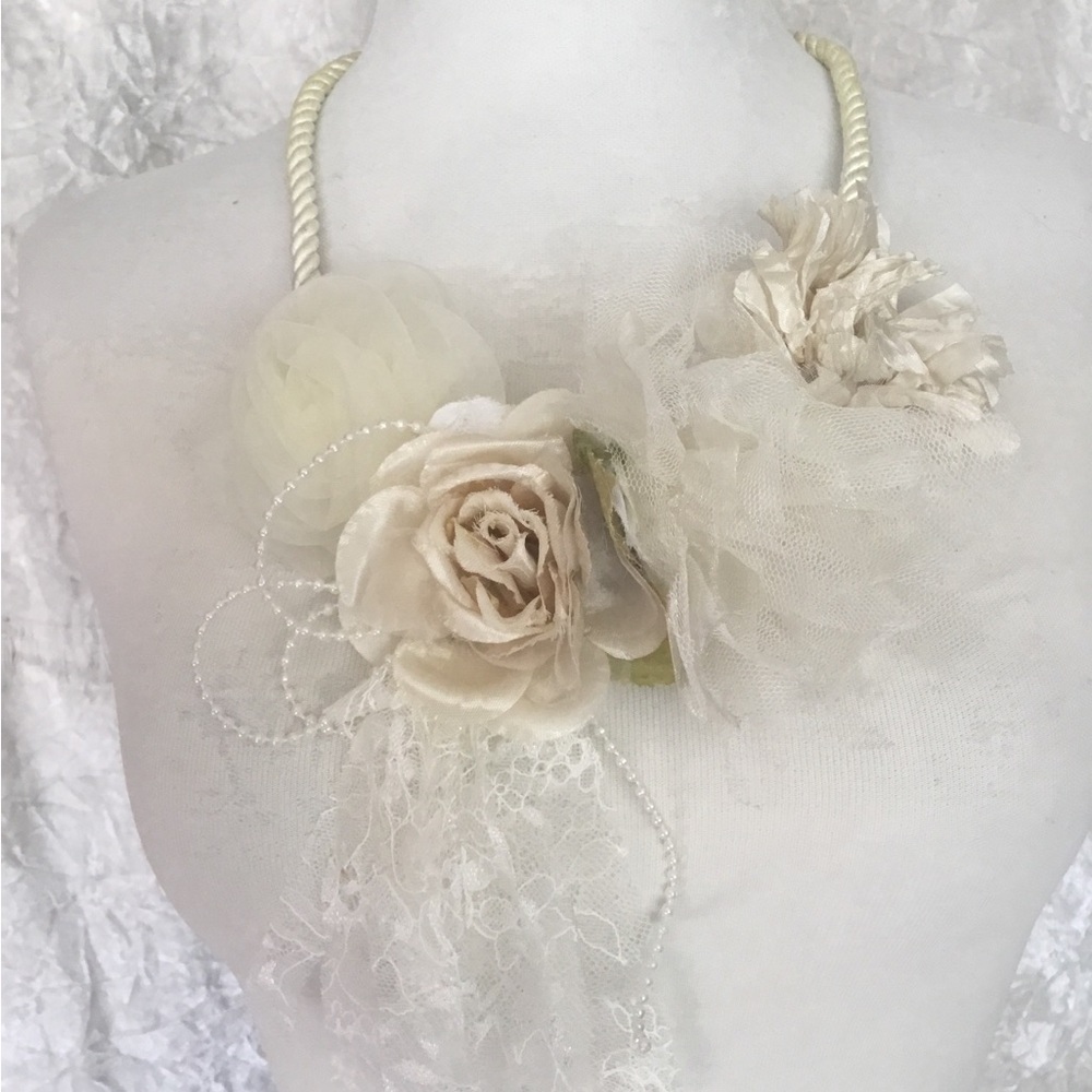 Handmade Cream Floral Statement Necklace with Fabric Blooms